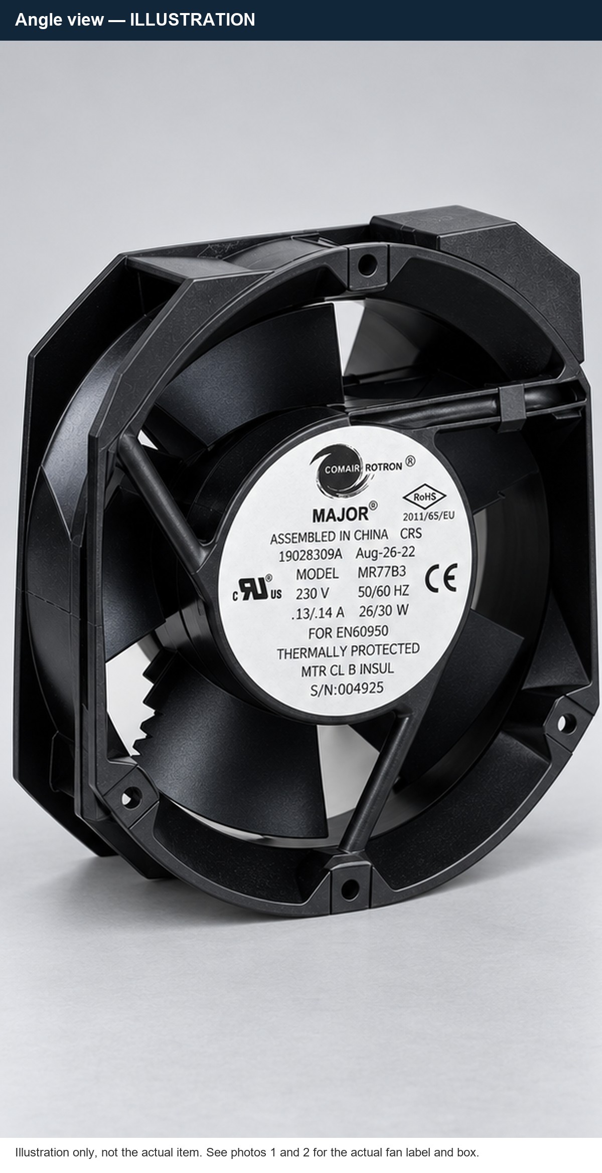 Illustration of the Comair Rotron MR77B3 fan, angle view (not the actual item)