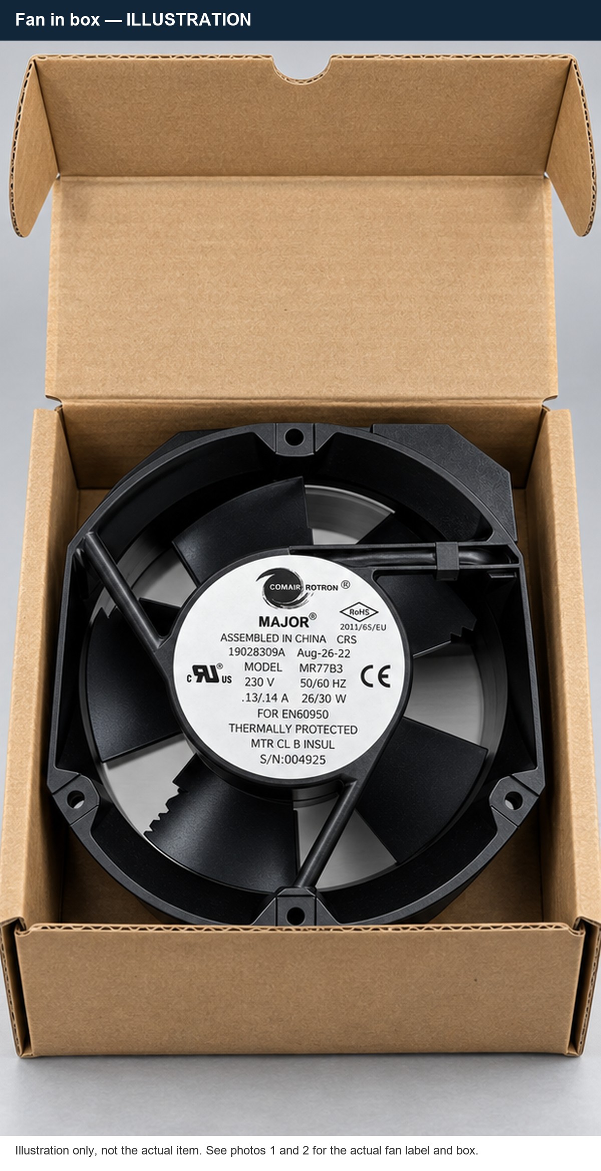 Illustration of the Comair Rotron MR77B3 fan in an open box (not the actual item)